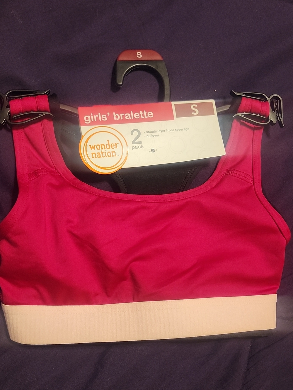 Wonder Nation 2 Pk. Solid Black & Pink Bralette with Cream Band - Girls' Small